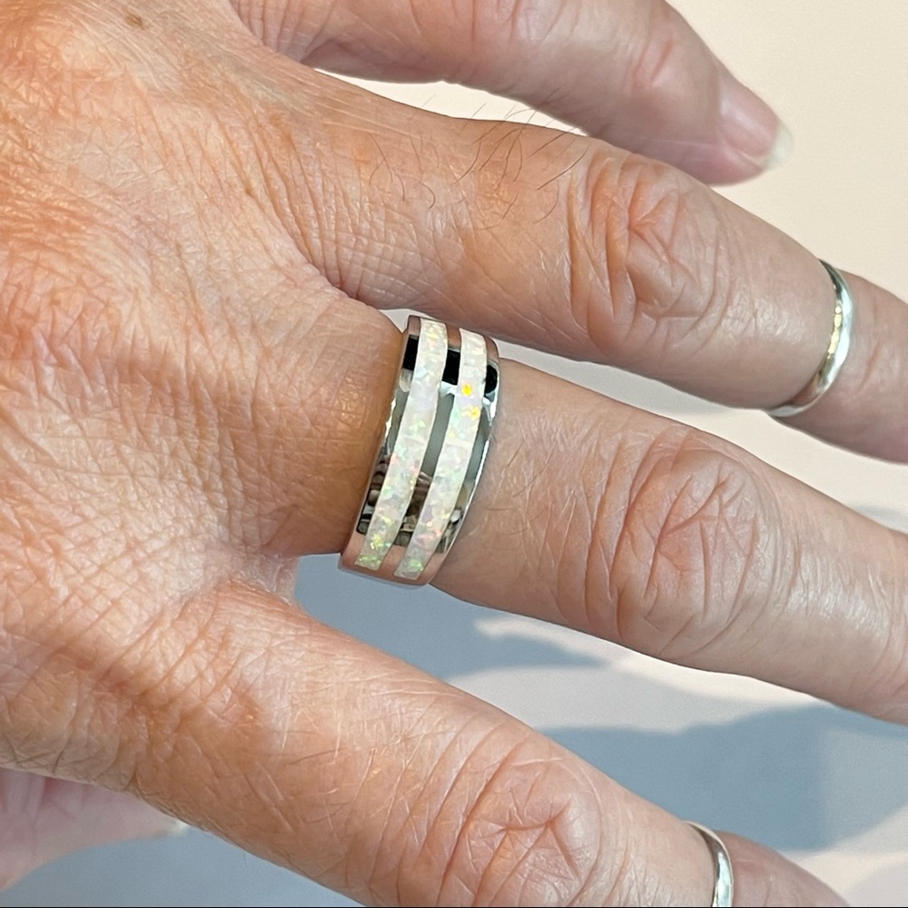 Sterling Silver White Lab Opal Ring, Wedding Band, October Birthstone Rings - Picture 11 of 13